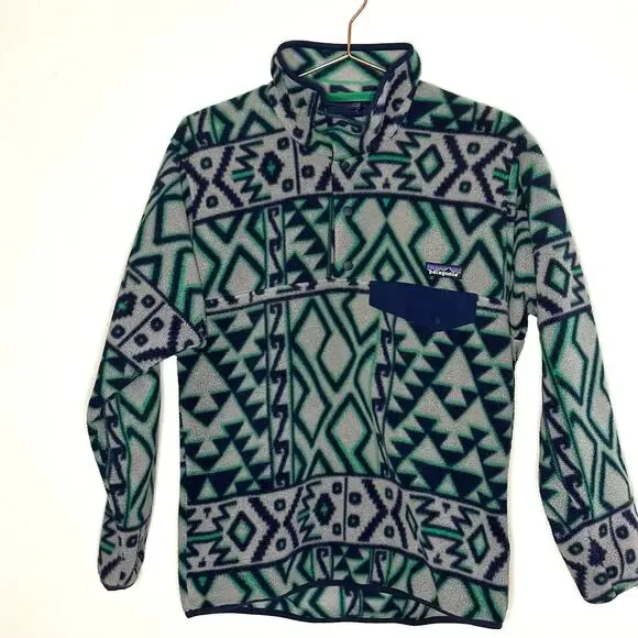 Vintage Patagonia Printed Snap-T Montana Siete Feather Grey Synchilla Size XS